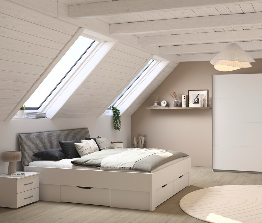 Dachgeschosszimmer mit weißem rauch Bett »Aditio Beds«, 180 cm mit Polsterkopfteil.