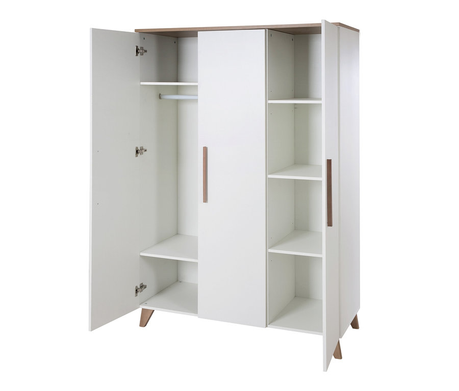 Weißer Kleiderschrank mit geöffneten Türen, die Regale und eine Kleiderstange zeigen, Teil des roba Kinderzimmersets »Ole«.