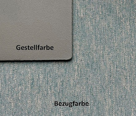 Detailaufnahme eines Farbmusters für die Leco Lounge-Ecke inkl. Tisch »Moss«. Der obere Teil zeigt die Farbe des Gestells und der untere Teil die Farbe des Bezugs.