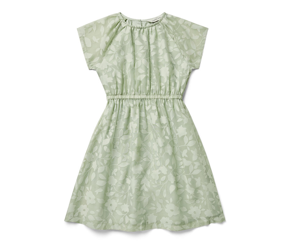 Grünes Kinder-Kleid mit Blumenmuster.