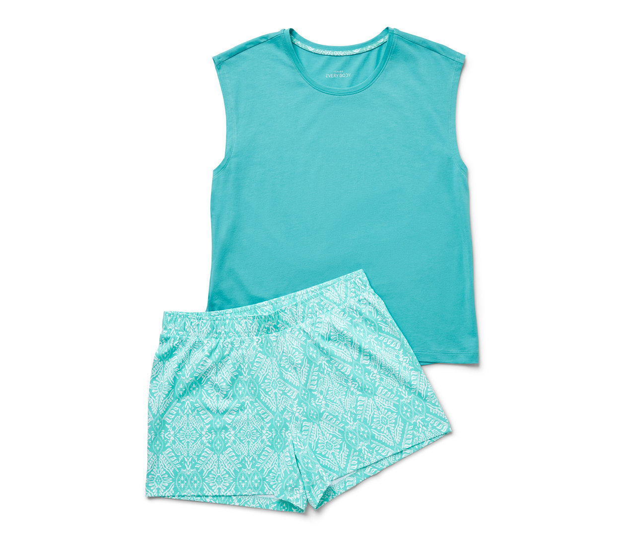 Türkisgrünes Shorty-Pyjama-Set bestehend aus ärmellosem Top und gemusterter kurzer Hose.