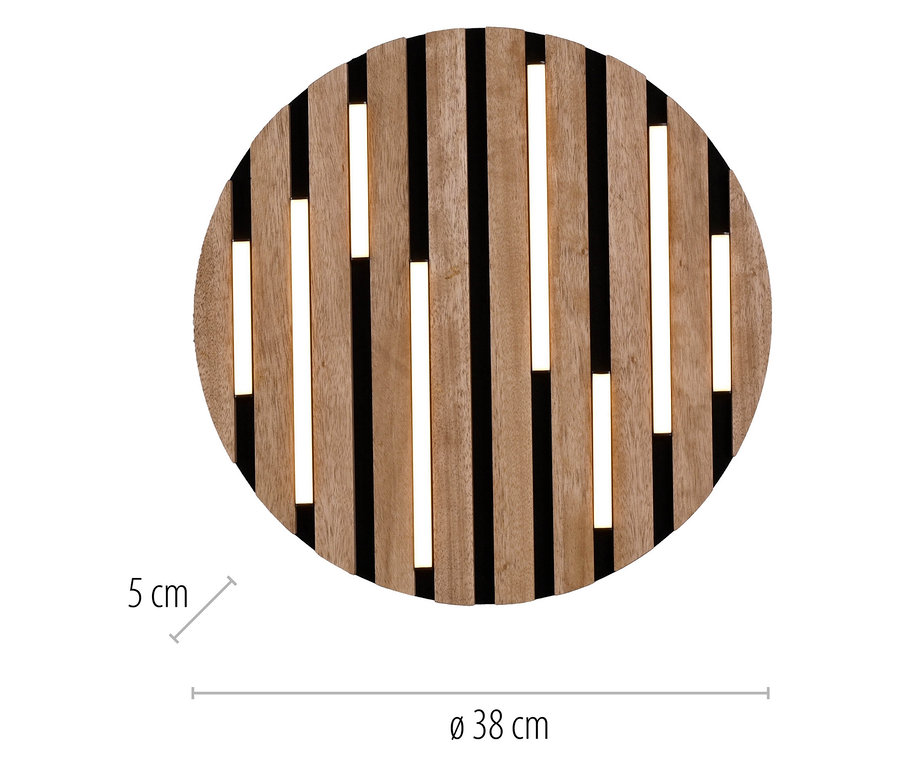 Runder Untersetzer mit 38 cm Durchmesser aus hellem Holz mit schwarzen Streifen.