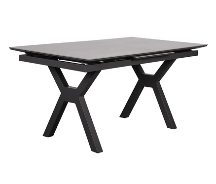 deVries Ausziehtisch 160/210, hellgrau mit schwarzem X-förmigen Gestell.