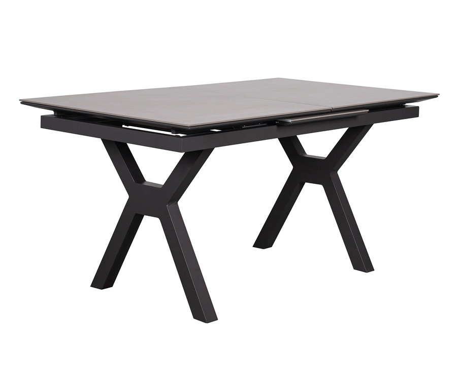 deVries Ausziehtisch 160/210, hellgrau mit schwarzem X-förmigen Gestell.