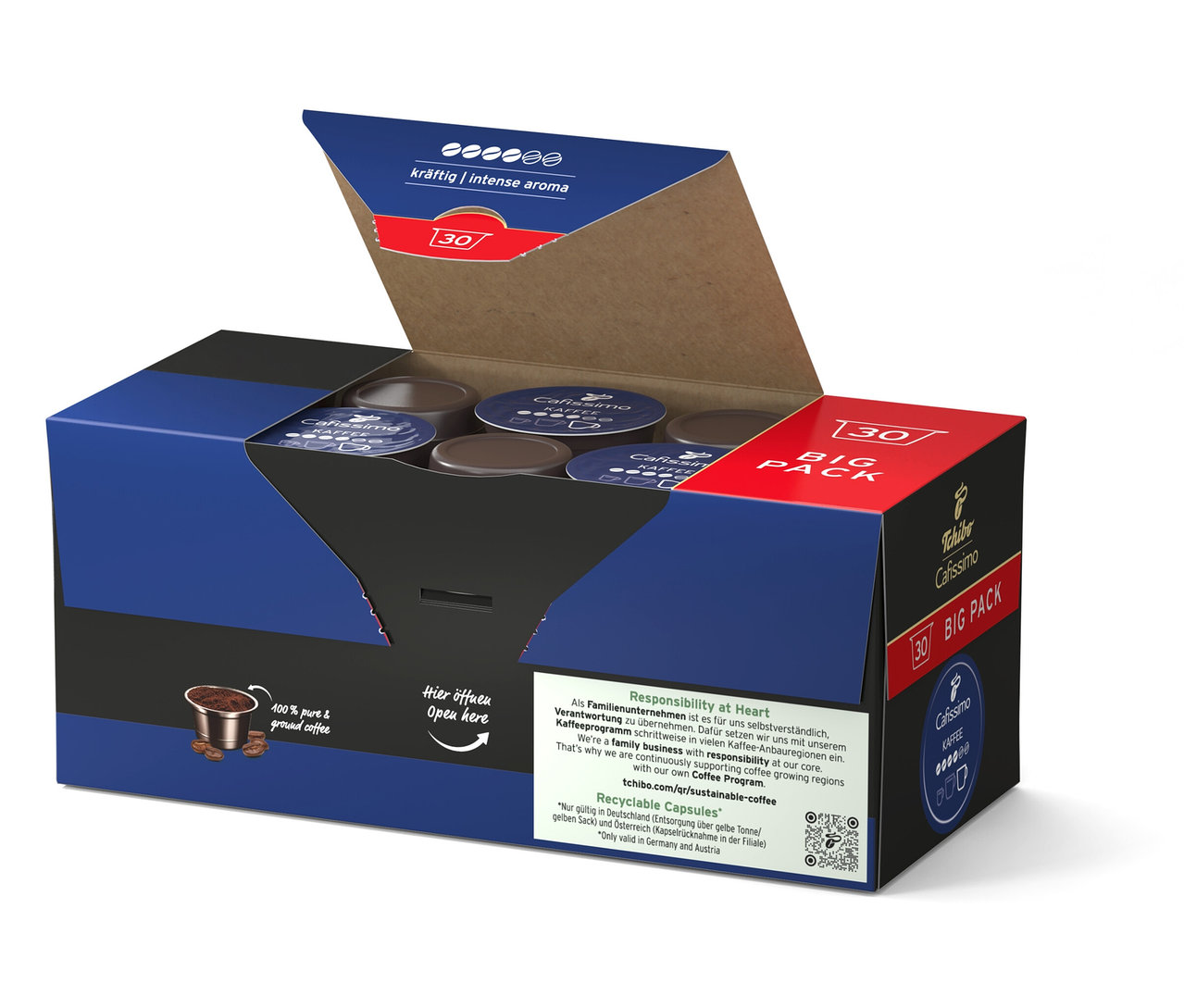 Geöffnete Packung Cafissimo Kaffee kräftig - 120 Kapseln.