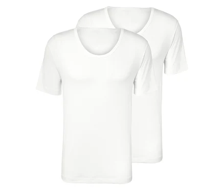 Zwei weiße Kurzarm-T-Shirts liegen übereinander.