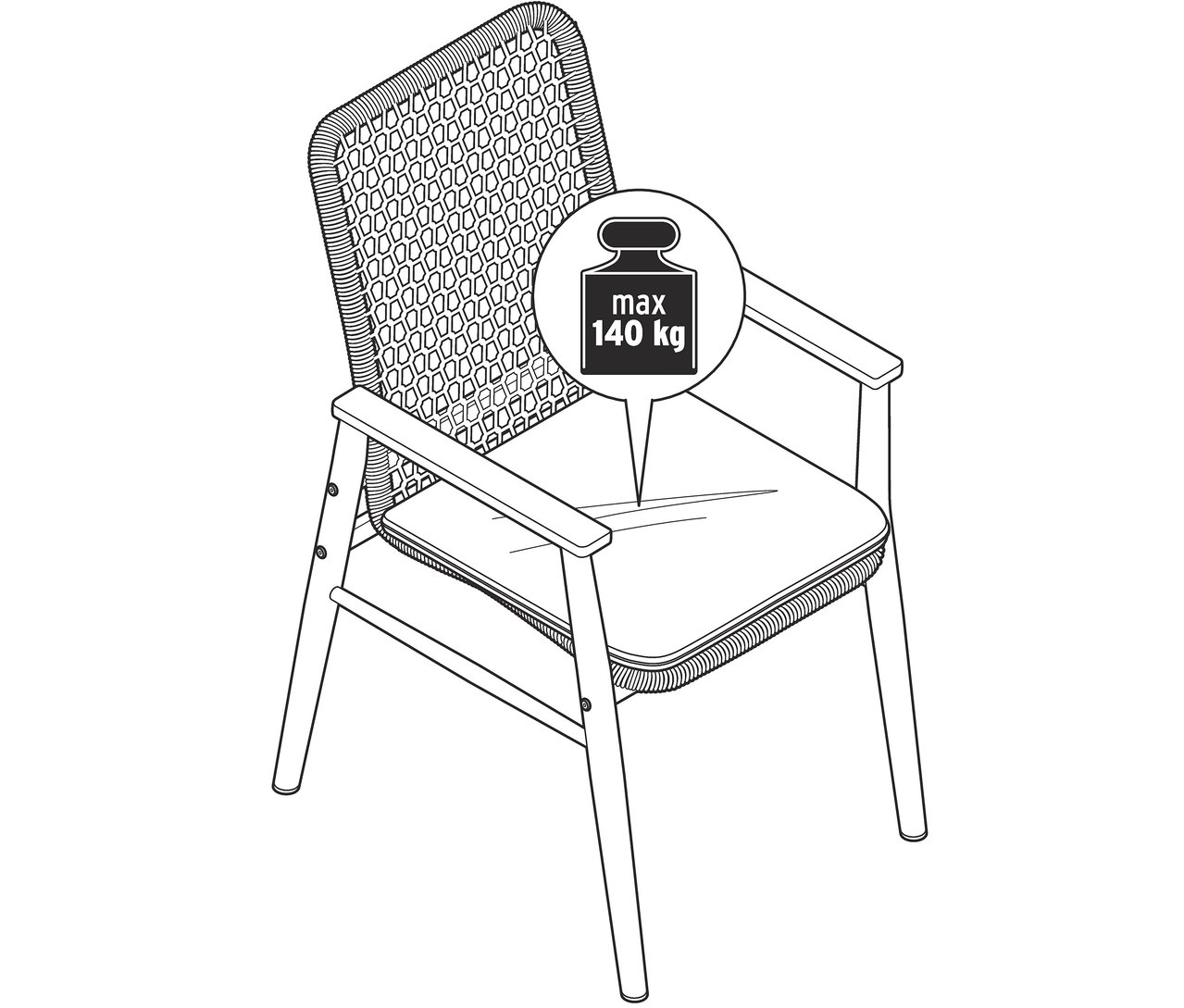 Zeichnung von einem Dining-Stuhl mit Teak-Armlehnen und Textilgeflecht.