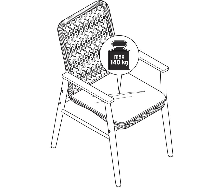 Zeichnung von einem Dining-Stuhl mit Teak-Armlehnen und Textilgeflecht.