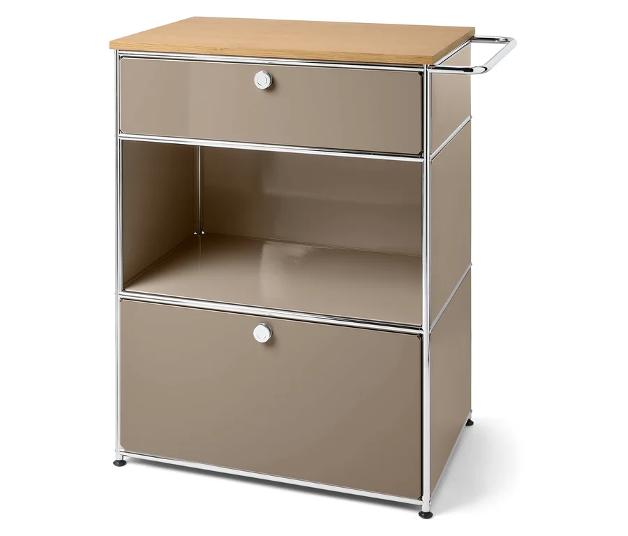 Beiger Schrank mit zwei Schubladen und Holzplatte.
