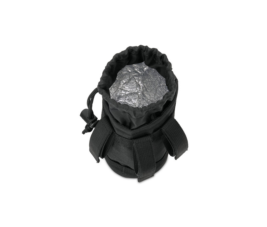 Eine schwarze Fahrrad-Snacktasche mit einer isolierenden Innenschicht.