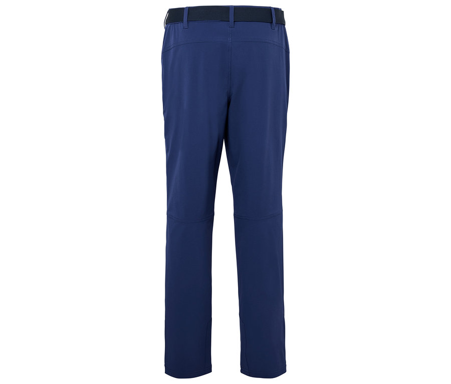 Rückansicht einer marineblauen Hose mit schwarzem Gürtel.