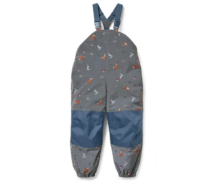 Graue Latzhose mit Fuchs-, Vogel- und Pilzprint und blauen Knien.