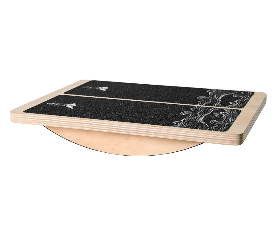 Das F2 Step on Balance Board ist ein Balance Board mit einer schwarzen, strukturierten Oberfläche und einem hellen Holzrahmen.