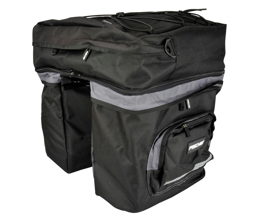 Nahaufnahme einer schwarzen Fahrradtasche mit grauen Akzenten.