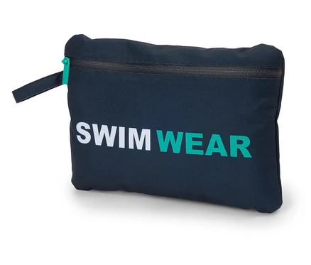 Eine marineblaue Tasche mit dem Wort "SWIMWEAR" in Weiß und Türkis.