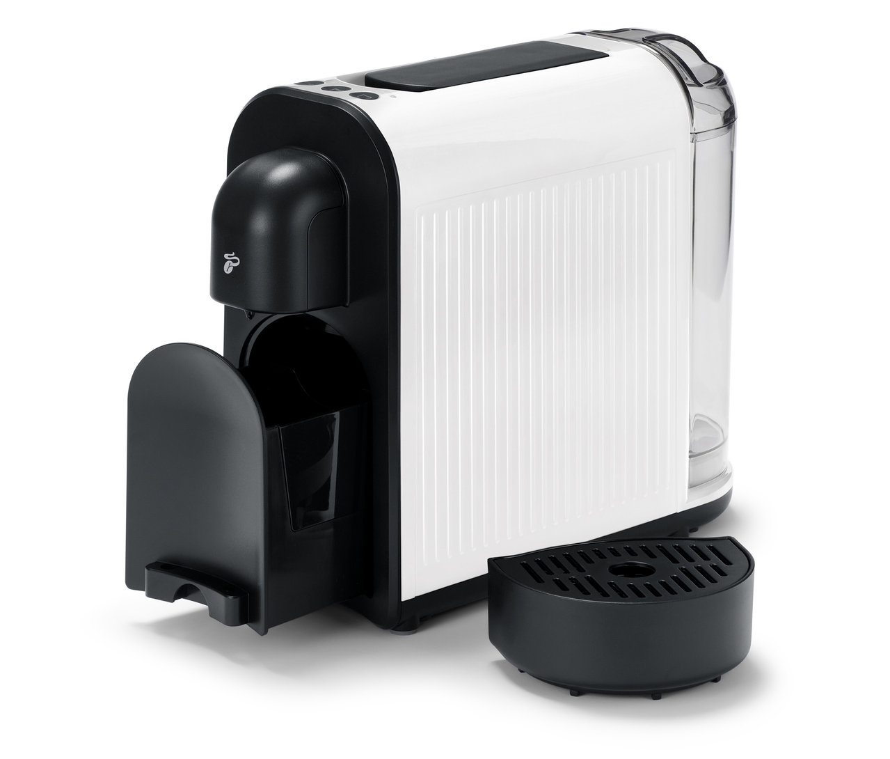 Cafissimo now white Kaffeemaschine mit abnehmbarem Abtropfbehälter und Wassertank.