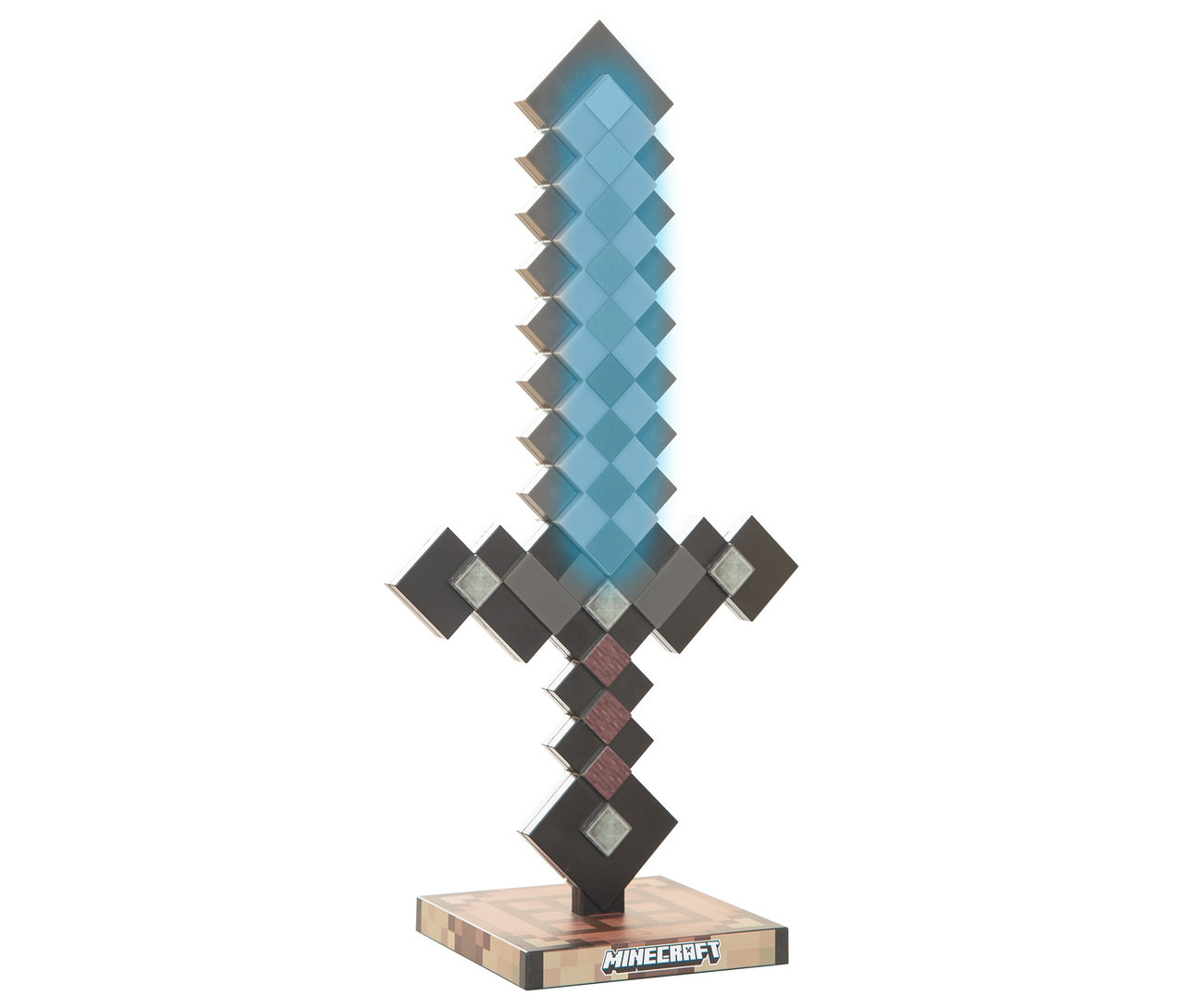 Nahaufnahme des Netherite MINECRAFT LED-Lichts, das auf einem hellen Untergrund steht.