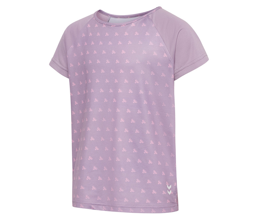 Nahaufnahme des lila hummel® HMLJR Mix T-Shirts mit kleinem Allover-Muster.