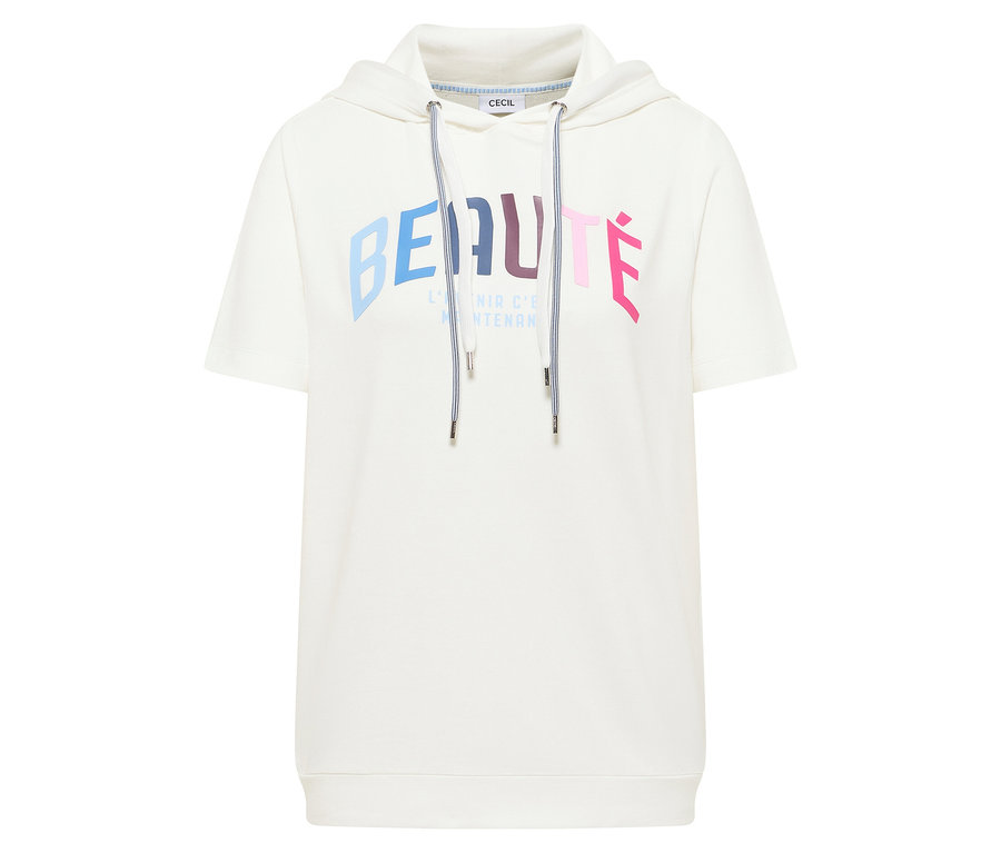 Weißes kurzärmeliges CECIL Hoodie-Shirt mit Kapuze und gestreiften Kordeln, bedruckt mit 'BEAUTÉ' und 'L'AVENIR C'EST MAINTENANT'.