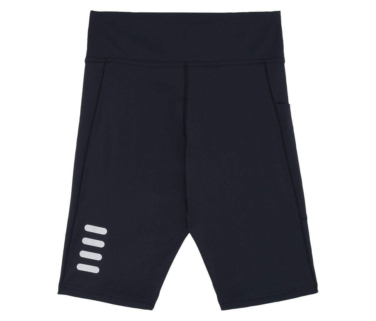 Schwarze FILA Damen-Sportradler mit seitlicher Tasche und vier horizontalen, weißen Streifen am Bein.