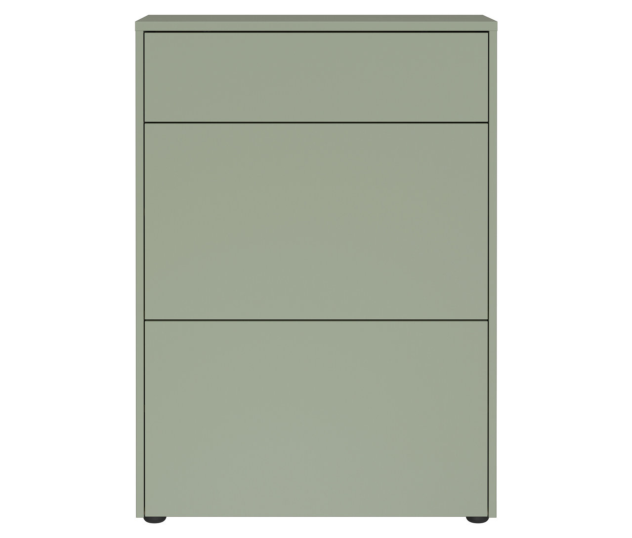 Grüner Schrank mit drei Schubladen.
