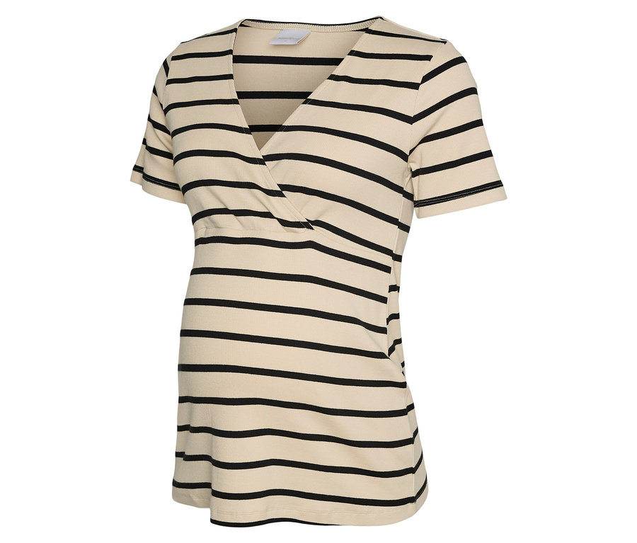 Gestreiftes Umstandstop in Beige und Schwarz mit V-Ausschnitt.