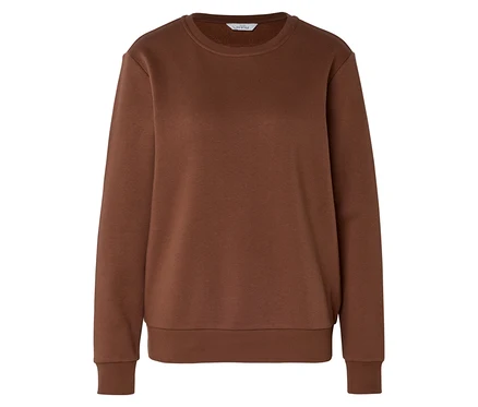 Ein cognacfarbenes Sweatshirt mit Rundhalsausschnitt, langen Ärmeln und gerippten Bündchen.