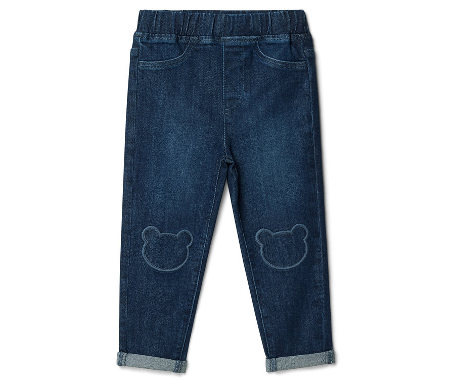 Dunkelblaue Kinder-Pull on pants – Fit »Luca« mit Gummibund, Taschen, Bären-Knie-Patches und umgeschlagenen Säumen.