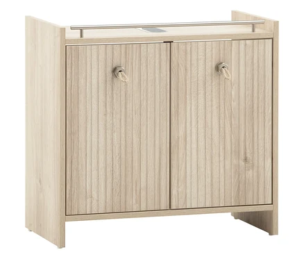 Waschbeckenunterschrank »Sonderby«, Nordic Light Oak mit zwei Türen, vertikalen Rillen und Seilgriffen, oben mit silberner Stange.