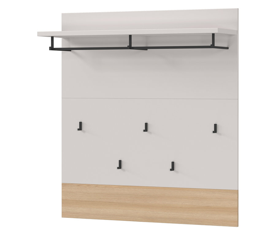 Garderobenpaneel in Weiß und Holzoptik mit Ablage, Kleiderstange und fünf Haken.