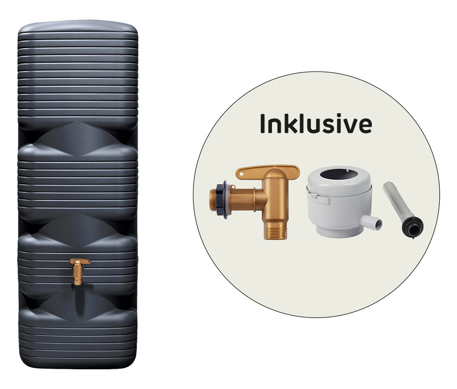 Dunkelgrauer, vertikal gerippter Wassertank mit goldenem Wasserhahn und Zubehör.