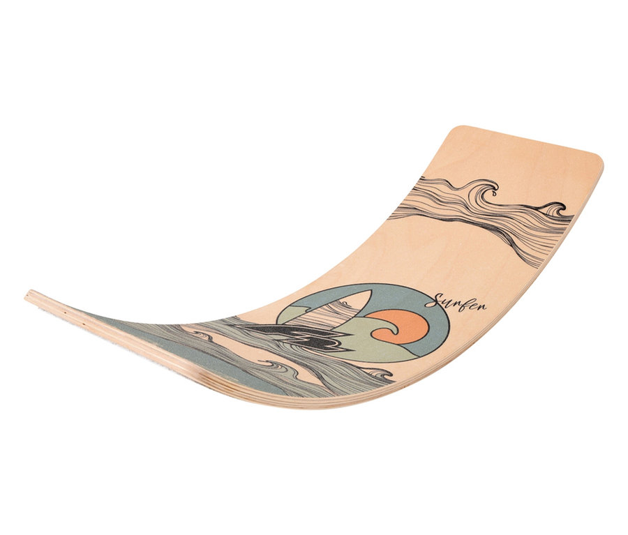 Das F2 Wip Board ist hellbraun und mit Wellenlinien und dem Wort "Surfen" bedruckt.