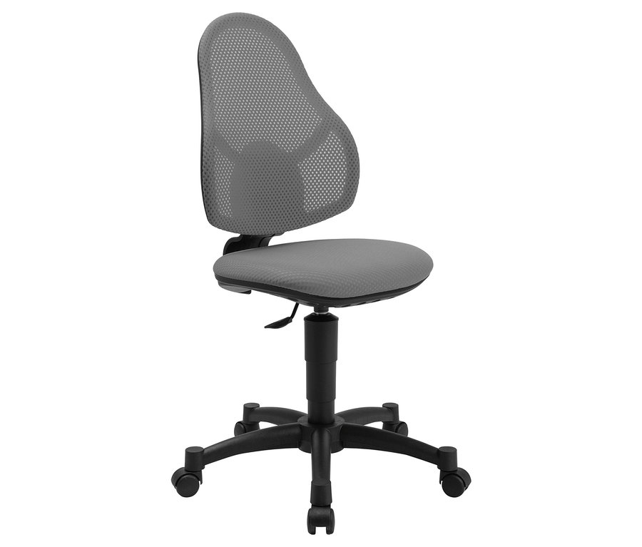 Grauer Topstar Stuhl »Open Art Junior« mit schwarzem Fußkreuz und Rollen vor weißem Hintergrund.