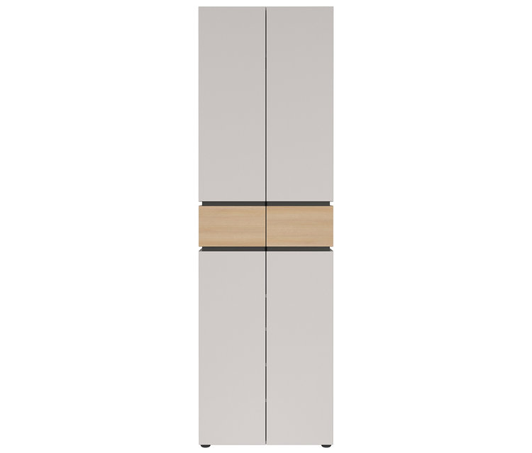 Ein hoher, schmaler Schrank mit vier Türen, die in Grau gehalten sind und durch ein horizontales, hellbraunes Holzpaneel getrennt werden.