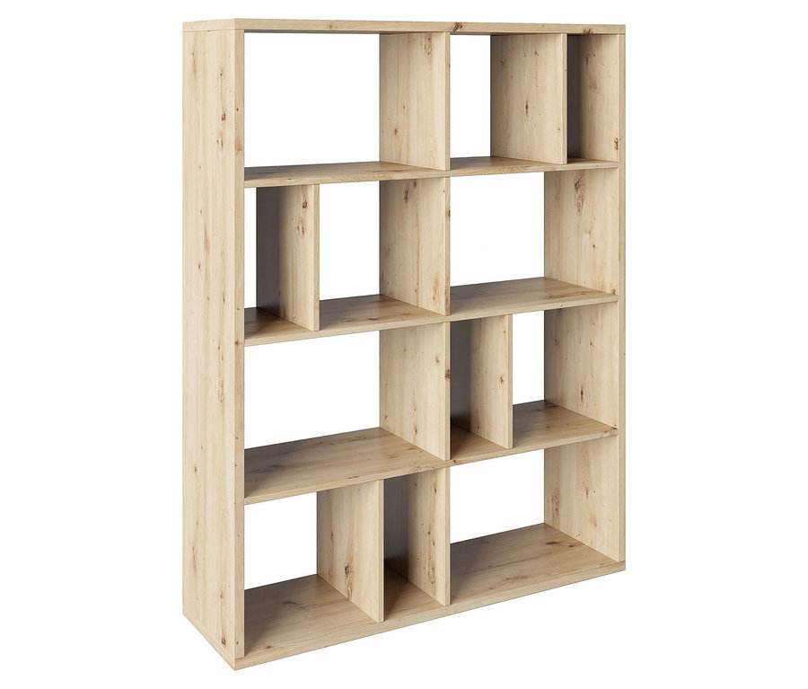 Ein helles Holzregal mit zwölf quadratischen Fächern.