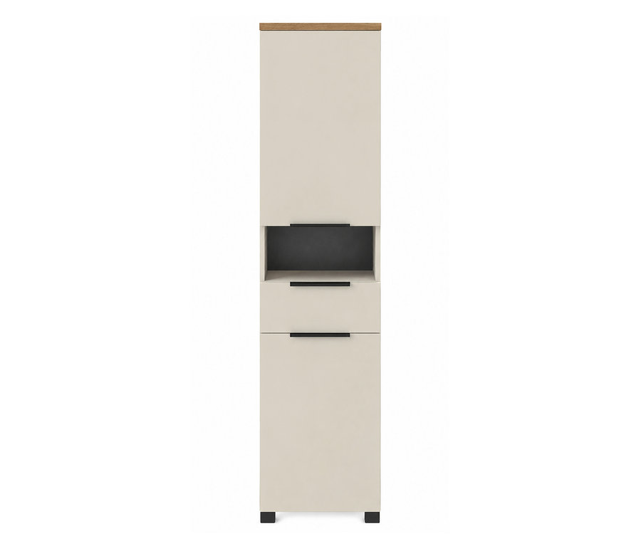Cremefarbener Hochschrank Saga mit Holzplatte, offenem Fach und zwei Schubladen mit schwarzen Griffen.