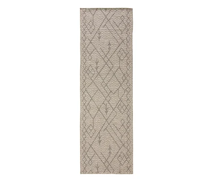 Heller beiger benuta Naoto Indoor- und Outdoor-Läufer mit grauem geometrischem Muster aus ineinandergreifenden Rauten und Pfeilmotiven.