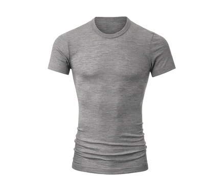Graues, eng anliegendes Kurzarm-T-Shirt mit Rundhalsausschnitt auf weißem Hintergrund.