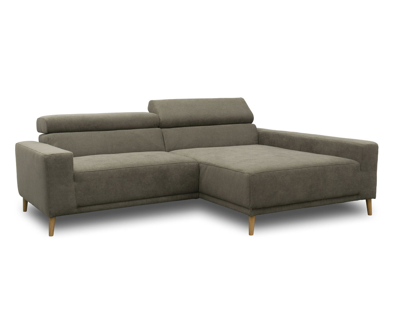 Graues DOMO Sofa »Malmö« mit Longchair rechts, verstellbaren Kopfstützen und Holzfüßen.