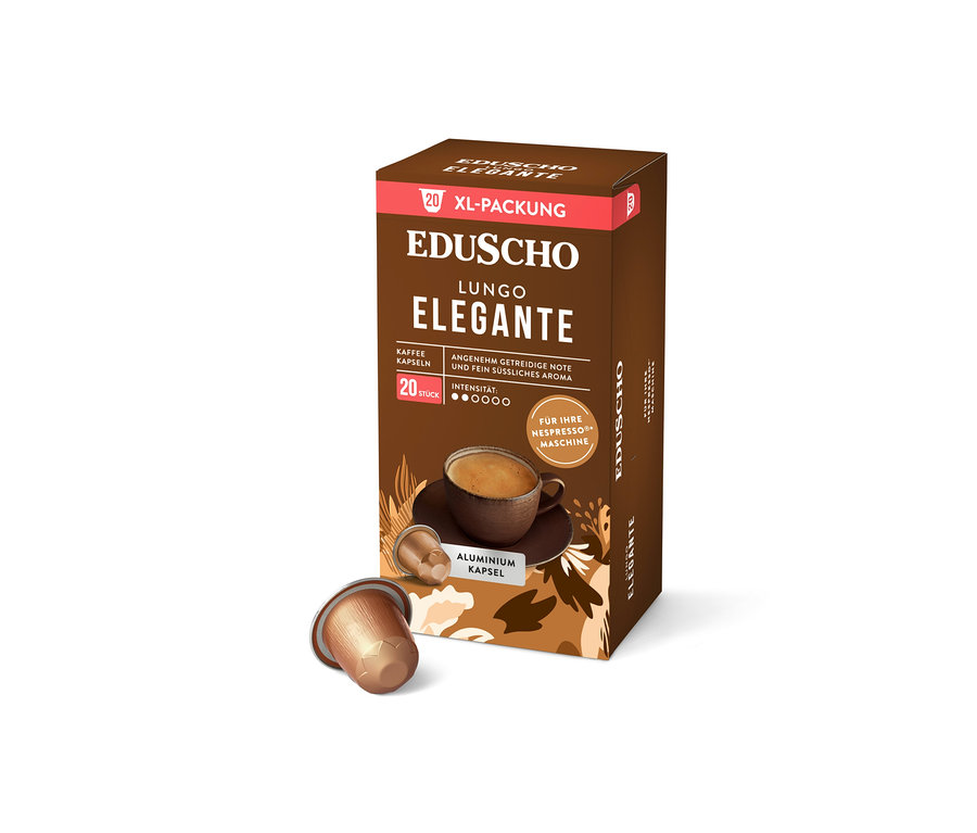 Eine Packung Eduscho Elegante Lungo Kaffeekapseln mit 20 Stück und zwei einzelnen Kapseln.