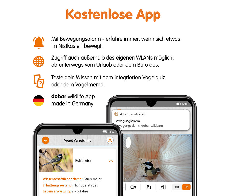 Zwei Smartphones zeigen die dobar wildlife App: Links Vogelverzeichnis, rechts Live-Ansicht einer Kohlmeise im Dobar Solar-Nistkasten mit Kamera.
