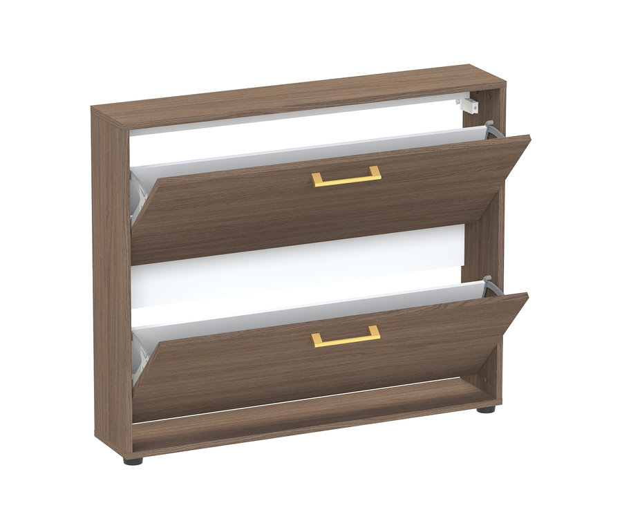Großer Schuhschrank »Glenn« in Holzoptik mit 2 geöffneten Klappen und goldenen Griffen.