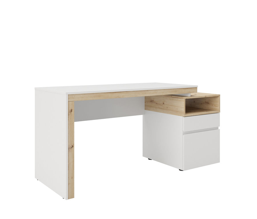 Weißer Schreibtisch mit Holzdetails und zwei Schubladen.