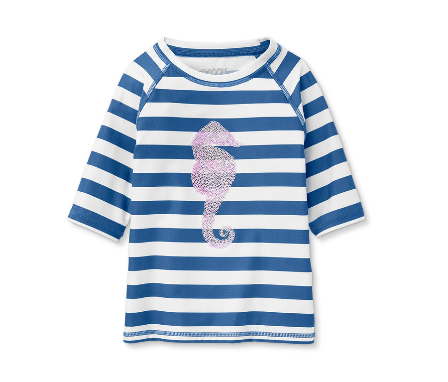 Blau-weiß gestreiftes UV-Schutz-Shirt mit Pailletten-Seepferdchen.