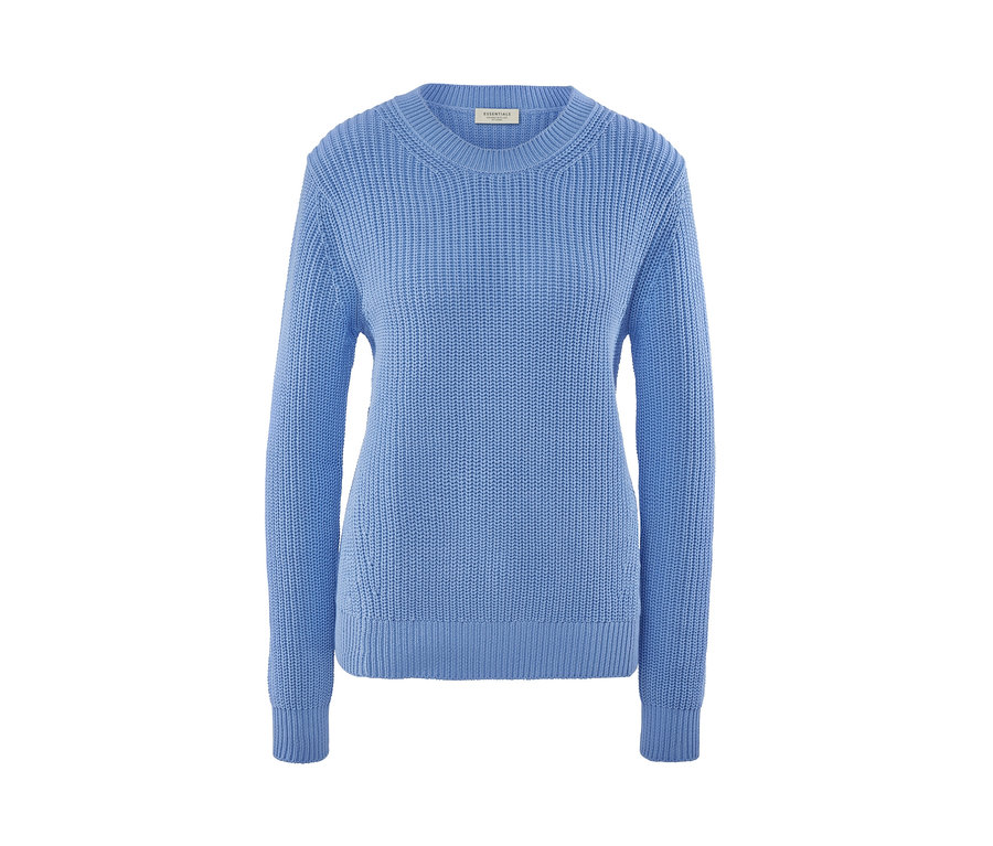Blauer Strickpullover aus reiner Baumwolle.
