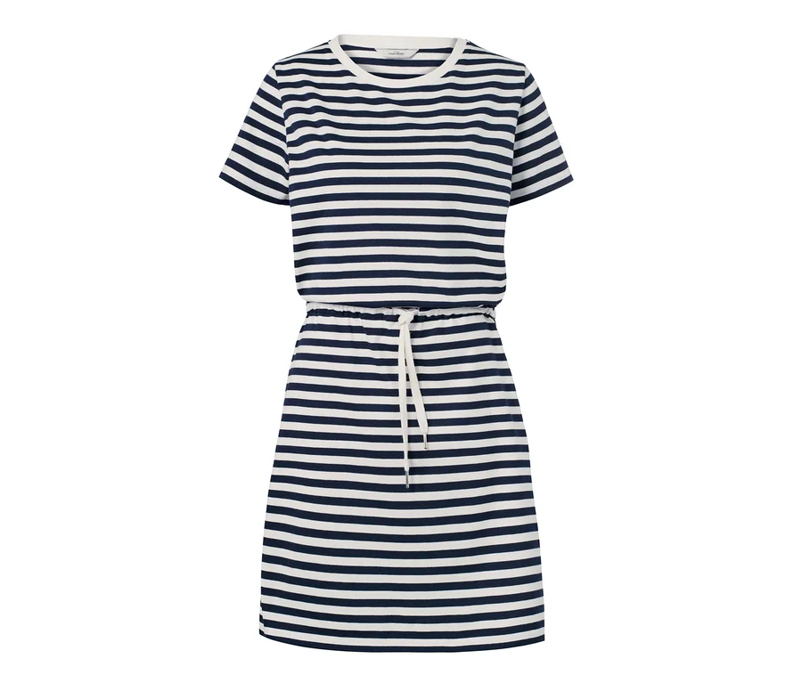 Ein gestreiftes Jerseykleid mit kurzen Ärmeln und Kordelzug in der Taille.