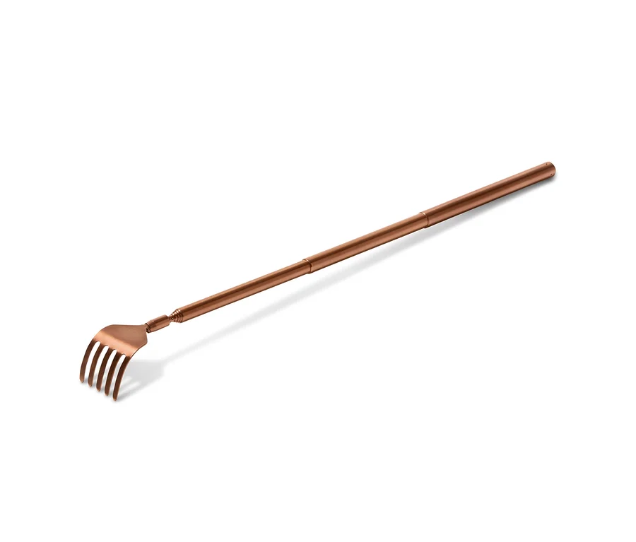 Ein bronzefarbener Teleskop-Rückenkratzer liegt auf einem weißen Hintergrund.