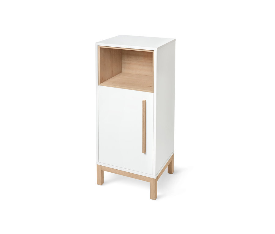 Weißer, flacher Bad-Beistellschrank »Eklund« mit Holzelementen.