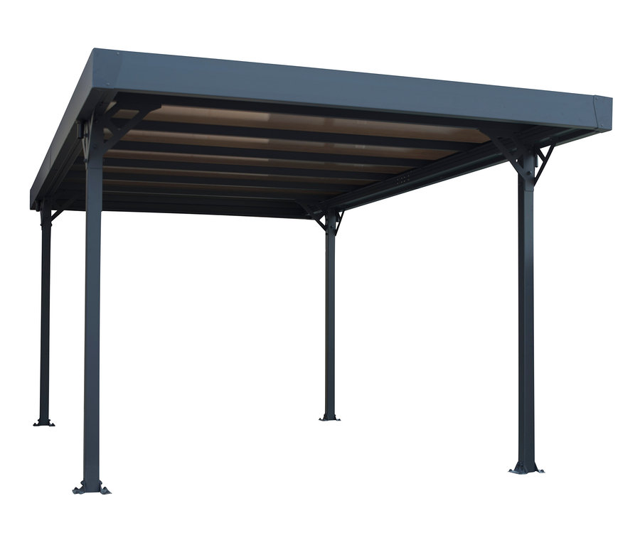 Grauer Aluminium Carport HKP mit Flachdach und vier Säulen.