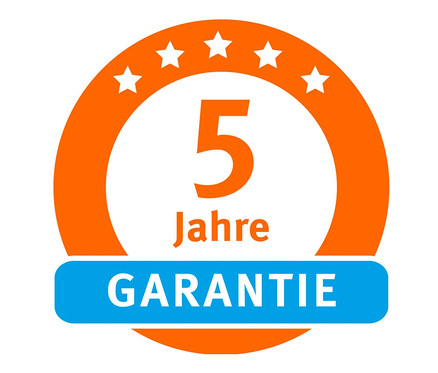 Orange-weisser Kreis mit fünf Sternen oben, der Zahl 5 und dem Wort „Jahre“ in der Mitte sowie einem blauen Streifen mit dem Wort „GARANTIE“ unten.